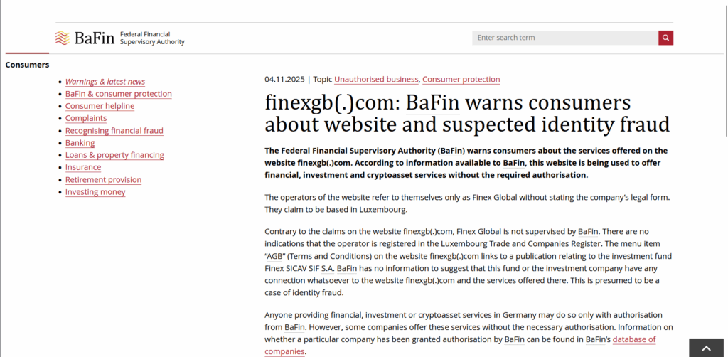 FinexGB BaFIN WARNING